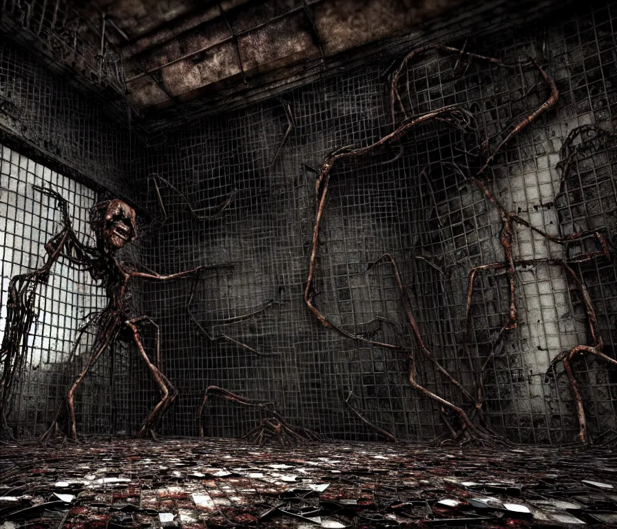 Image similar to creepy huge humanoid with long limbs sits on the floor. An underground very dark gloomy multi-layered structure of rusty thick iron grates, dense chain-link fencing and peeling walls. Inside view, collapsed floors, bent rusted iron, masterpiece, black background, corners, cinematic, hyperdetailed, photorealistic, hyperrealism, octane render, 8k, depth of field, bokeh, architecture, shadows, art by Zdzisław Beksiński, Dariusz Zawadzki