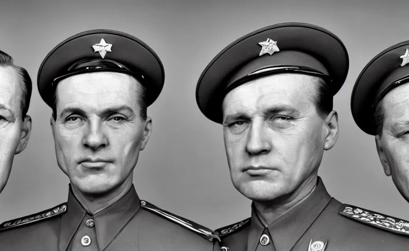 Image similar to 50s movie still close-up portrait of three individual elder soviet generals wearing general's cap with very diverses faces in a stalinist style hall, by Irving Penn, Cinestill 800t 50mm black and white, heavy grainy picture, very detailed, high quality, 4k, HD criterion, precise texture, facial precision, diverse haircuts, diverse ages, different expression