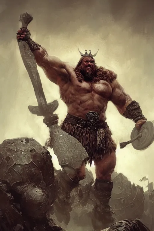 Prompt: giant bodybuilding viking warrior king by ruan jia, jack kirby, norman rockwell, wayne barlow, sergey krasovskiy, zdzislaw beksinski, artstation creature