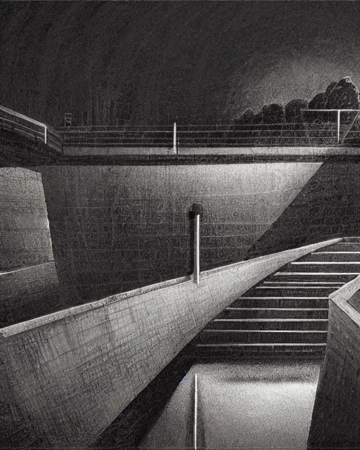 Image similar to illustration of the dam from the 2 0 0 0 s supernatural thriller'the overflow ', a high quality high detail painting by david mattingly and samuel araya and dave mckean and richard corben, hd 4 k 8 k, realistic hyperdetailed scene painting, photorealistic lighting, urban horror aesthetic, composition and scene layout inspired by gregory crewdson and joshua hoffne.