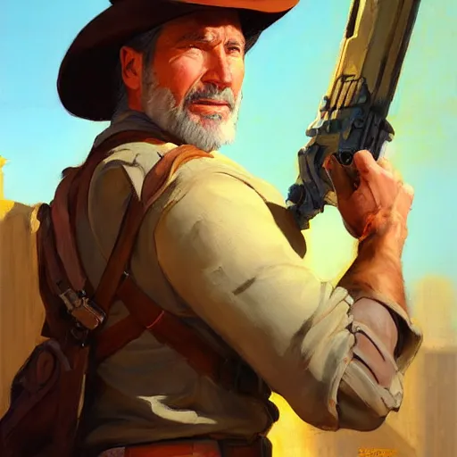 Image similar to greg manchess portrait painting of partially armored indiana jones as overwatch character, medium shot, asymmetrical, profile picture, organic painting, sunny day, matte painting, bold shapes, hard edges, street art, trending on artstation, by huang guangjian, gil elvgren, ruan jia, randy vargas, greg rutkowski