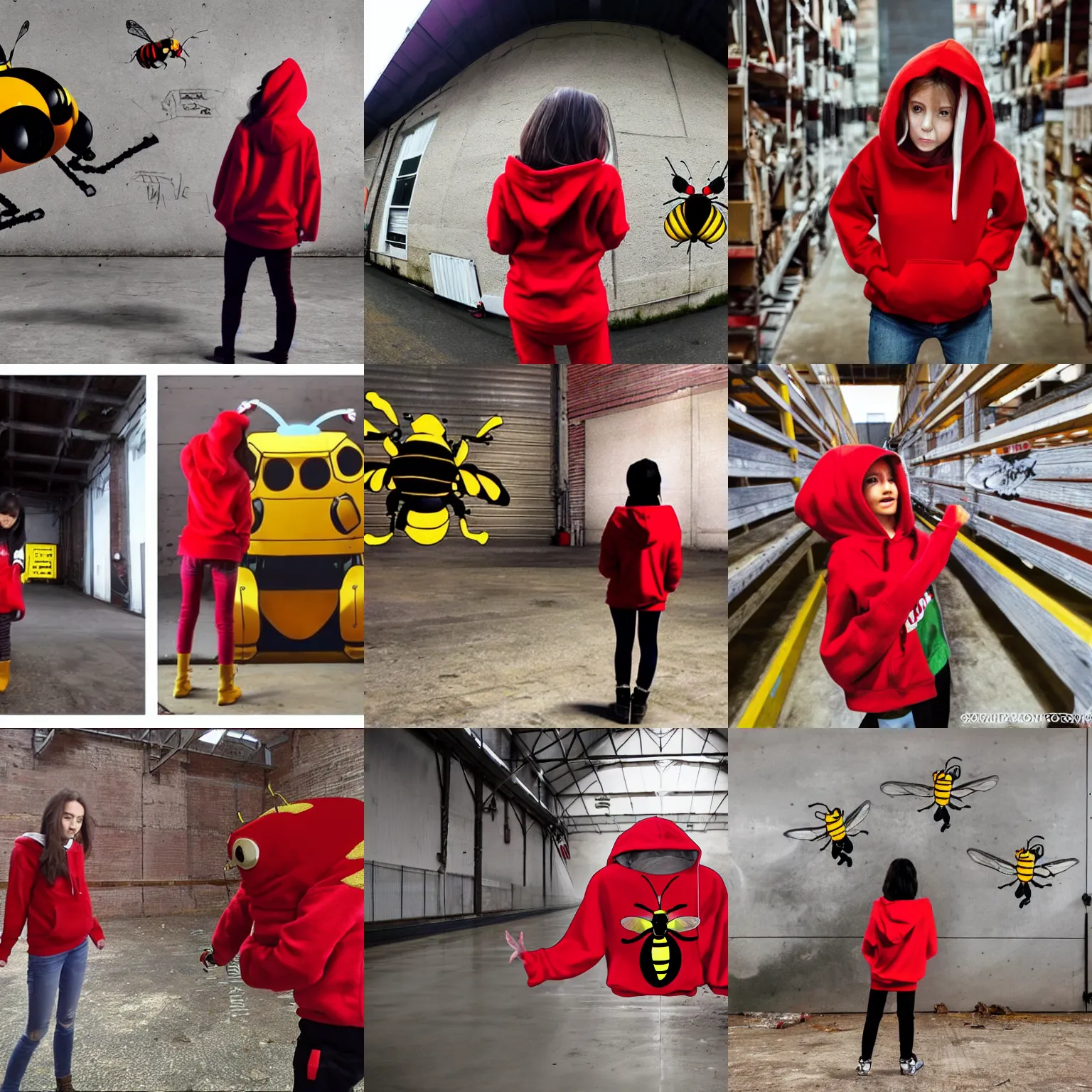 Prompt: girl wearing red hoodie fights giant evil robot bee in a disused warehouse