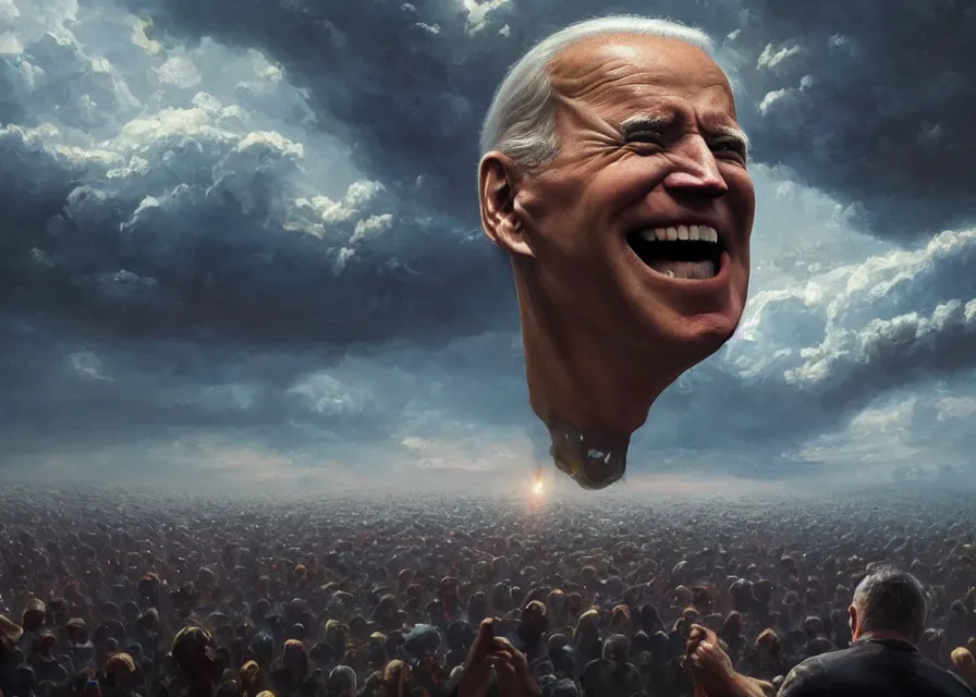 Prompt: large abstract painting of giant grinning Joe Biden head emerging from cosmic clouds at giant immense crowd of person army, trending on ArtStation, masterpiece, by Greg Rutkowski, by Ross Tran, by Fenghua Zhong, octane, lightbeam eyes, soft render, clear facial features, oil on canvas,, moody lighting, cinematic, professional environment concept art
