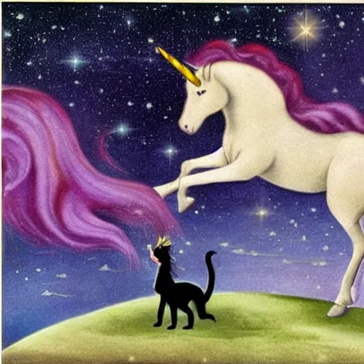 Image similar to dream : a fabulous landscape, a magical unicorn. a boy is sitting astride him. a cat is lying