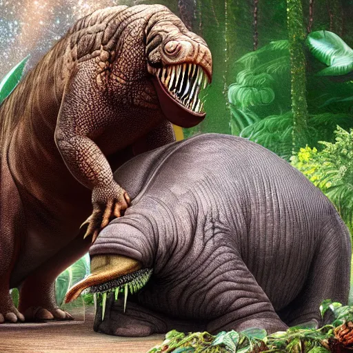 Prompt: a tyrannosaurus rex and a walrus hugging in a space jungle