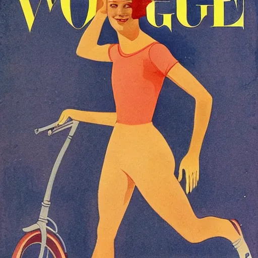 Image similar to a 1 9 2 8 cover of vogue. happy, healthy, beautiful, smiling, young, sporty, glowing danish woman in decent athletic wear. realistic detailed color drawing