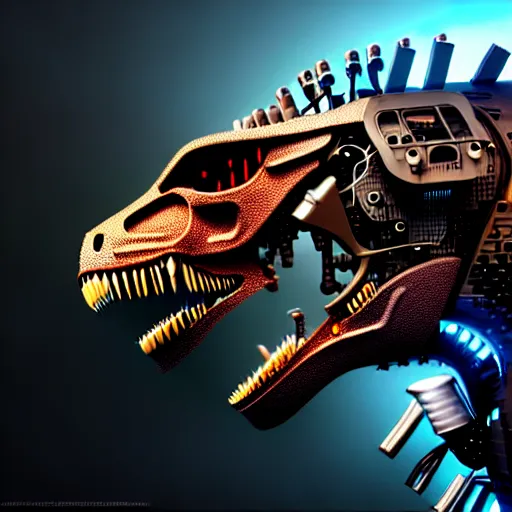 Image similar to a 3D hyperrealistic octane render illustration of a extremely detailed cyborg cyberpunk t-rex