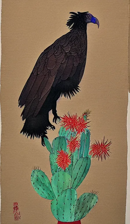 Prompt: turkey vulture sitting on cactus by Shen Quan, hanging scroll, ink and colours on silk