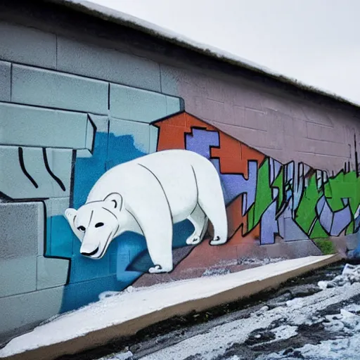 Prompt: a graffiti on a wall showing a polar bear driving a truck on ice