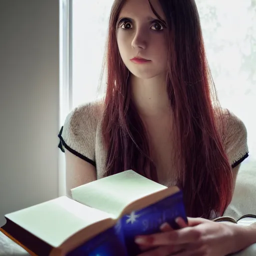 Prompt: a girl reading a book, her hair flowing down, modelsociety, radiant skin, huge anime eyes, rtx on, perfect face, intricate, sony a 7 r iv, symmetric balance, polarizing filter, photolab, lightroom, 4 k, dolby vision, photography award