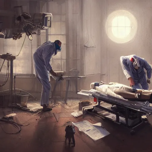 Image similar to A surgeon desperately trying to save his patient, oil painting by Cedric Peyravernay, highly detailed, cinematic concept art, dramatic lighting