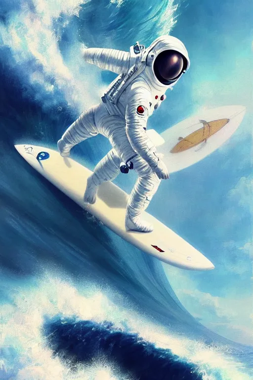 Image similar to a beautiful digital painting of an astronaut in a white space suit surfing the great wave on a surfboard by greg rutkowski, photorealistic, trending on artstation, highly detailed, intricate, unreal engine, octane render