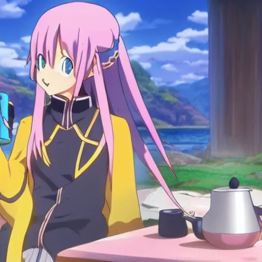 Image similar to Aqua from KonoSuba drinking tea, anime, visually stunning, 8k, intense detail, focused,