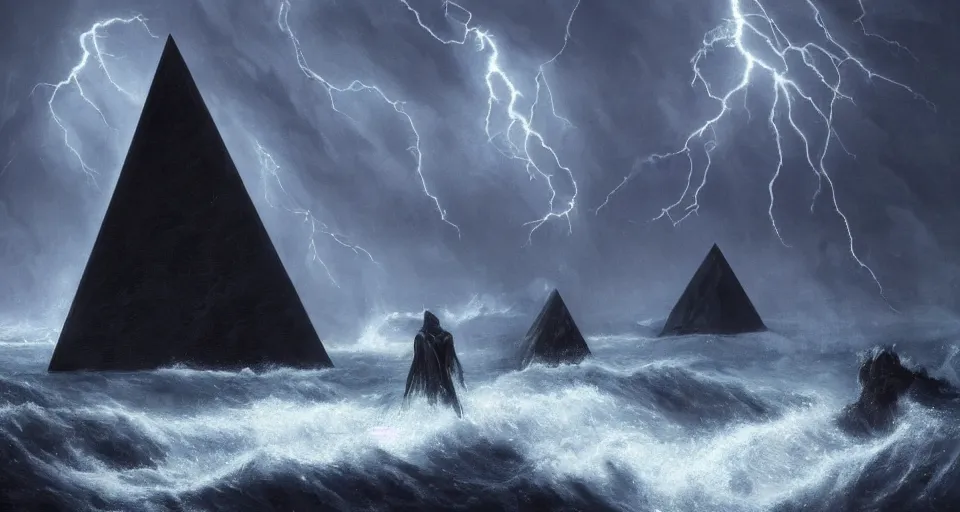 Image similar to black lovecraftian eldritch!! obsidian pyramid!! on a snowy island surrounded by raging stormy seas, with a large shadow of a creature in the background by eugene von guerard, ivan shishkin, night, red lightning!!, storm!, dramatic lighting, concept art, trending on artstation, 8 k