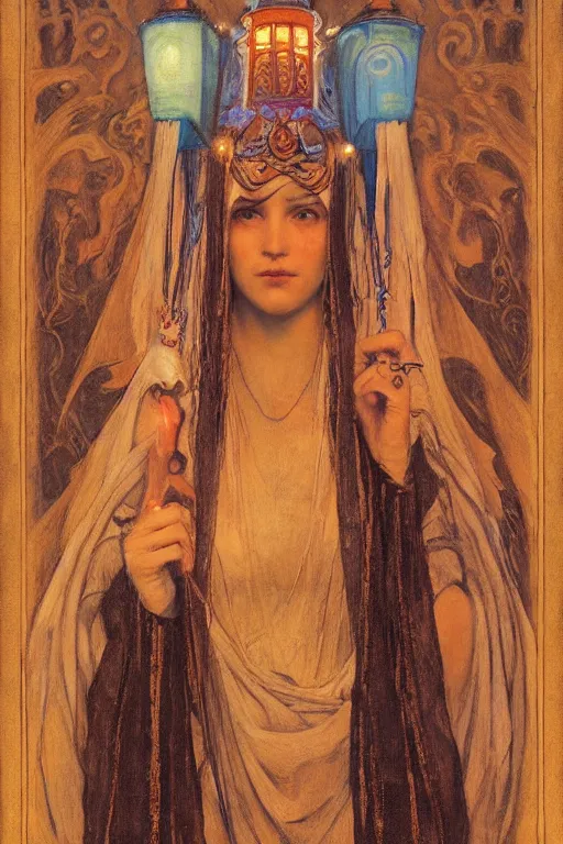 Prompt: queen of the old city with her lantern, by Annie Swynnerton and Nicholas Roerich and jean delville, dramatic cinematic lighting , ornate headdress , flowing robes, lost civilizations, extremely detailed