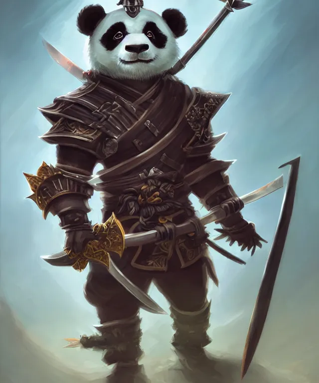 Image similar to a portrait an anthropomorphic panda samurai holding a katana, wearing armor with spiked shoulders, landscape in background, dnd character art portrait, world of warcraft style, by peter mohrbacher, cinematic lighting