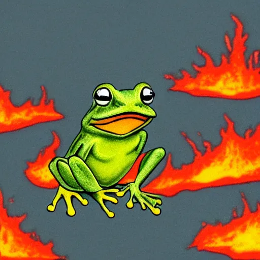 Image similar to frog screaming at an ocean of lava split in two