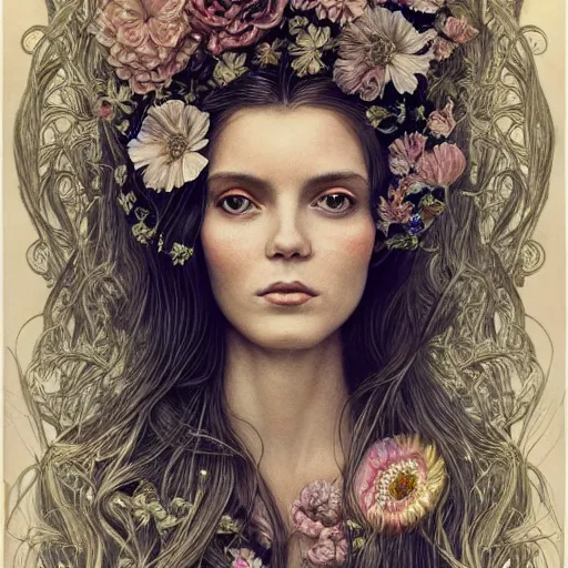 Prompt: portrait of a young pretty woman in flowing dress, arrogant, mysterious, long fine flowing hair, delicate, looking at camera, realistic face, intricate, stylish, elegant, grimdark, flowers, extremely detailed photograph by Martine Johanna and Ernst Haeckel and Greg Rutkowski