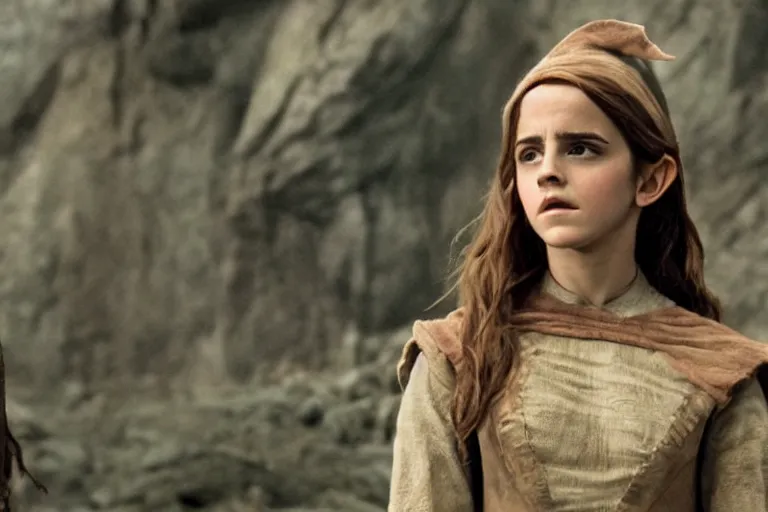 Image similar to emma watson plays an elf in the lord of the rings return of the king, highly detailed, cinematic lighting, 4 k, arricam studio 3 5 mm film camera, kodak 5 2 7 9 ( tungsten - balanced ) film stock