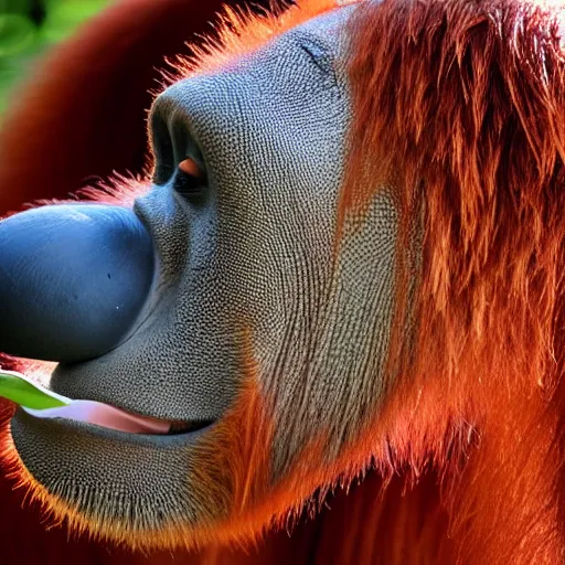 Prompt: close up of an orangutan eating a bagel watching the sun rise, the sun's reflection is visible in the orangutan's eyes, hyperdetailed