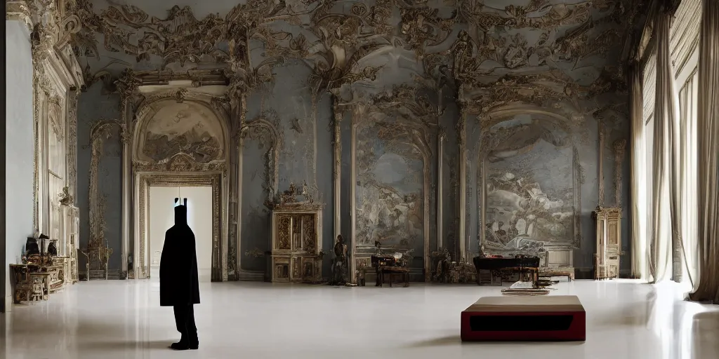 Image similar to Batman standing in giant Italian modern castle living room, clean minimalist design, that is 1300 feet tall, with very tall giant walls filled with modern art paintings, doors that are cosmic portals, photo by Annie Leibovitz