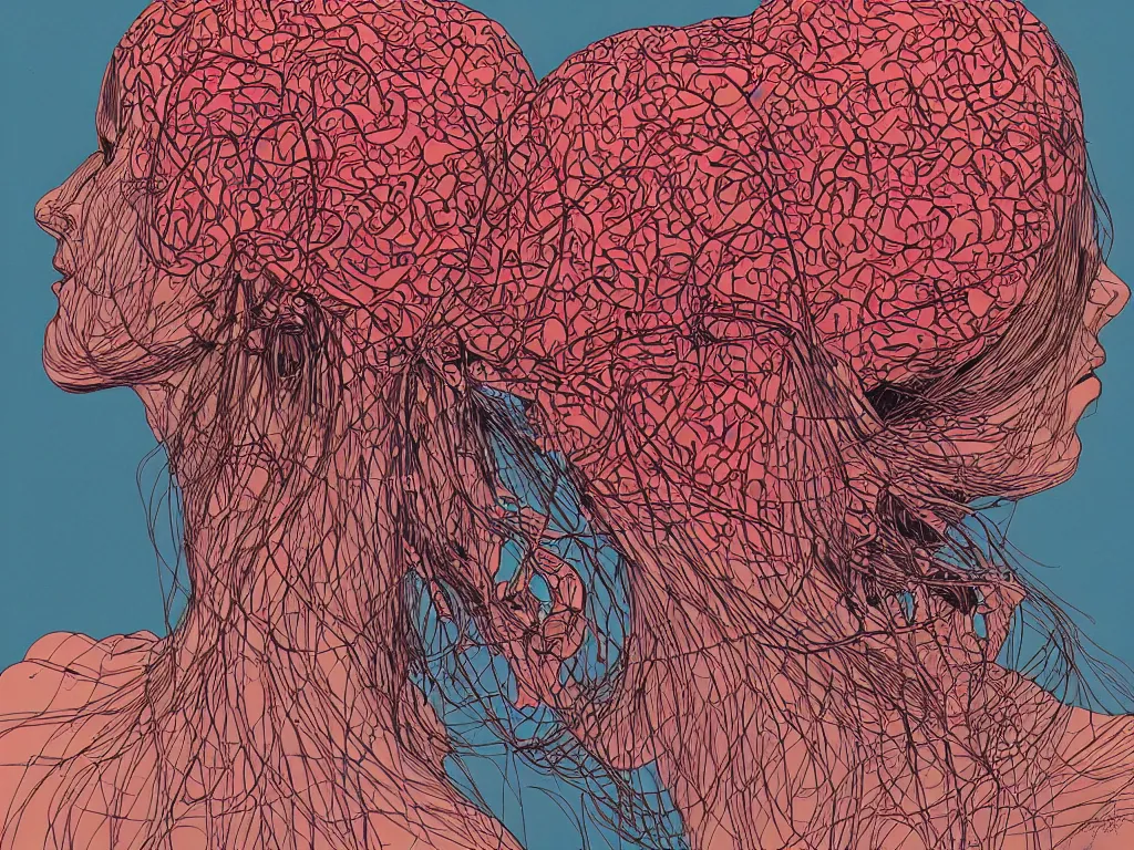 Prompt: I have to be operated on, the nurse pulls a patch of my hair out so that she can access my brain, screen print by jeffrey smith and moebius