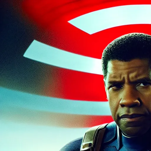 Image similar to film still of Denzel Washington as Captain America in new Captain America film, 8k photorealistic