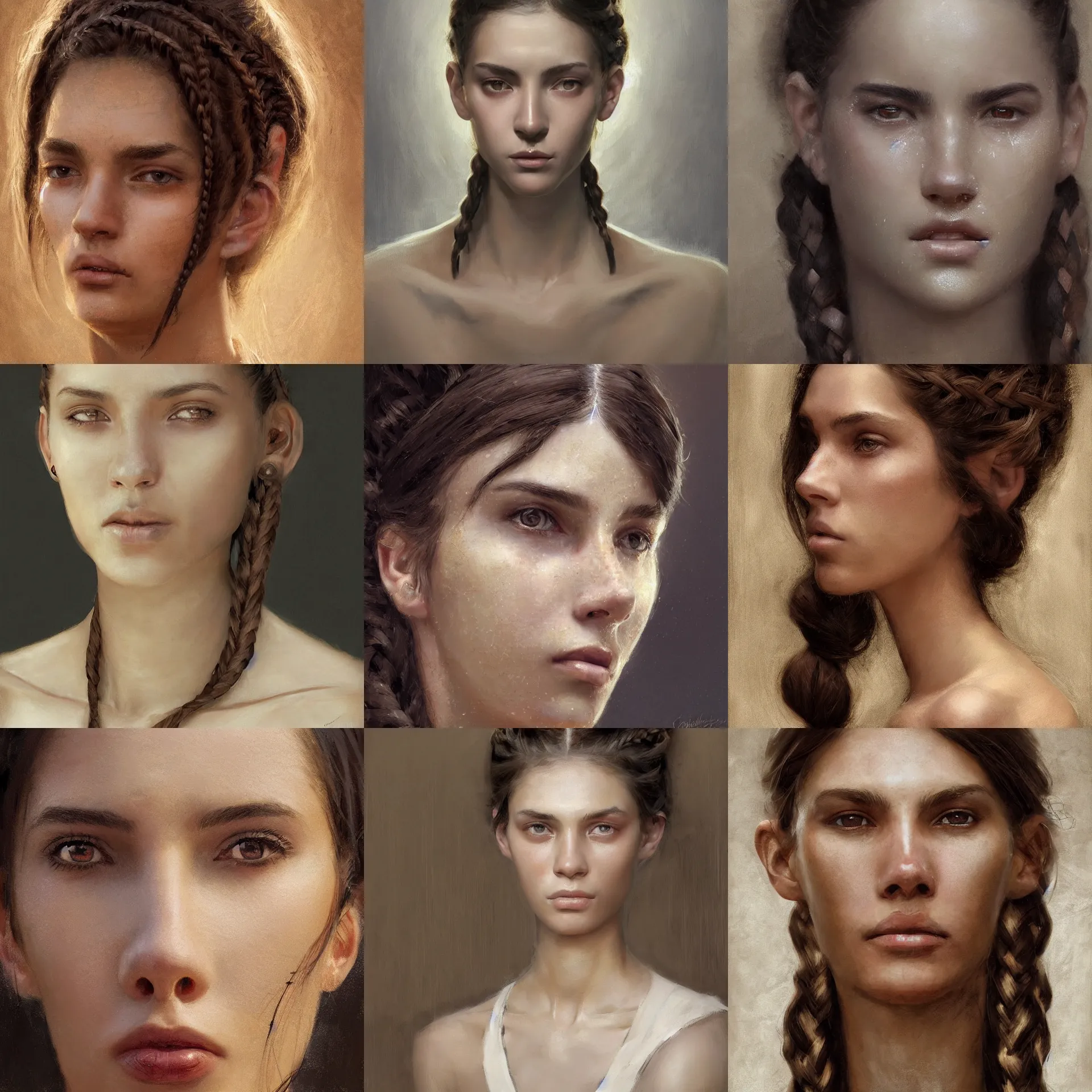 Prompt: digital art painting of a skinny 2 0 years old white skin young latino woman, braid hairstyle, small straight nose, strong defined jaw, brown eyes painted by craig mullins and gaston bussiere and greg rutkowski, symmetrical facial features, symmetrical face, defined facial features, dramatic lighting, close up