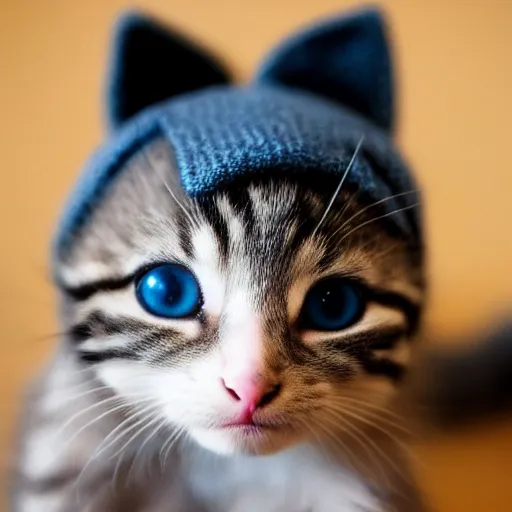 Prompt: small kitten wearing a beanie, cute, adorable, 4 k, detailed, coherent