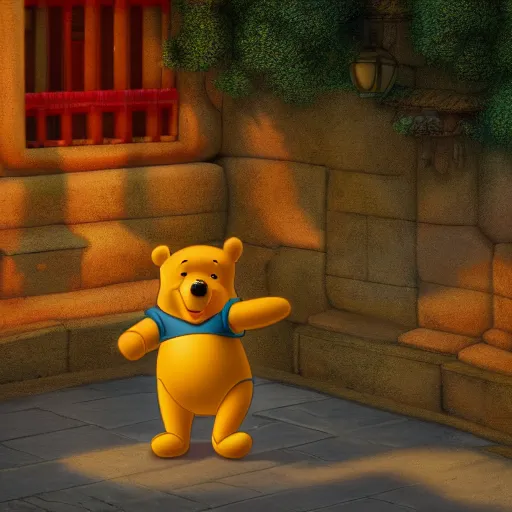 Prompt: winnie the pooh explores the forbidden city in china, award winning photgraphy, extremely detailed artstation 8 k sensual lighting epic composition