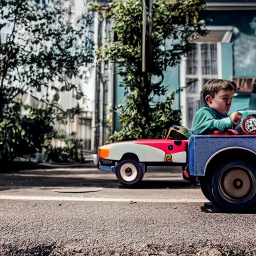 Prompt: john malkovich driving a toy car, canon eos r 3, f / 1. 4, iso 2 0 0, 1 / 1 6 0 s, 8 k, raw, unedited, symmetrical balance, wide angle