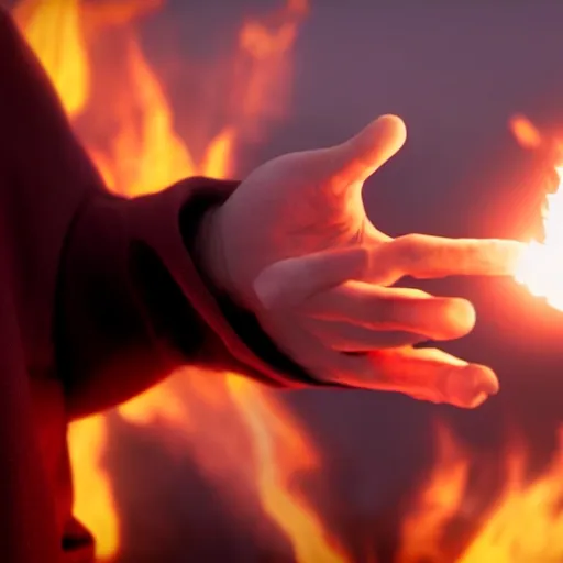 Image similar to close up telephoto shot of a mage holding a fireball in their hands, highly detailed VFX, CGI render