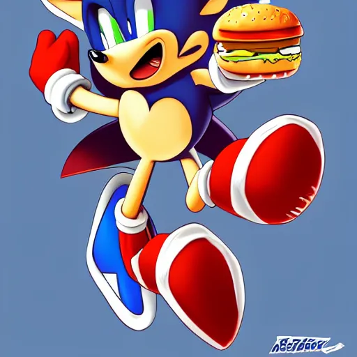 Prompt: fast sonic the hedgehog eating a hamburger, drawn by artgerm