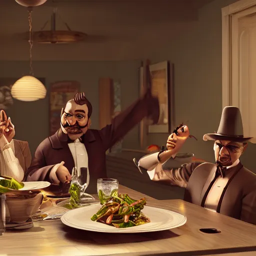 Prompt: a happy mafia family celebrating having dinner around a table, 3 d render octane, trending on artstation