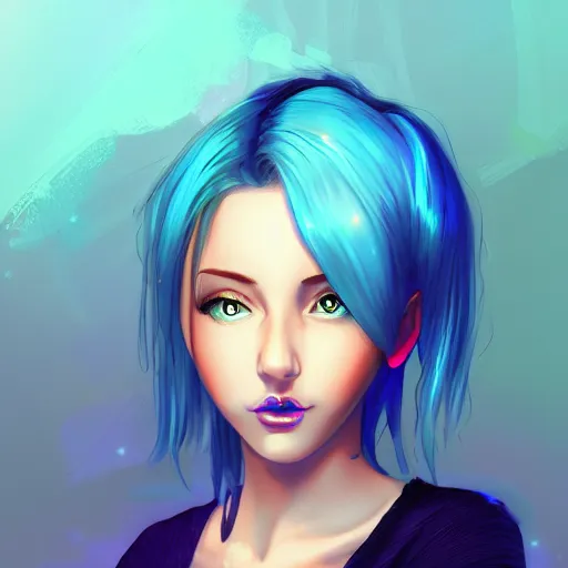 Image similar to pretty girl with blue hair, lo - fi girl, digital artist desk, hd photo of a pretty girl, trending on artstation