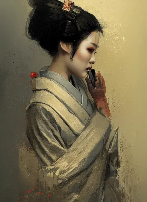 Prompt: female geisha girl, beautiful face, rule of thirds, intricate outfit, spotlight, trypophobia, by greg rutkowski, by jeremy mann