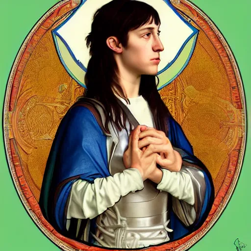 Image similar to portrait of charlotte gainsbourg as joan of arc, hyperreal digital painting, iconography influenced by alphonse mucha and eugene delacroix, arstation and deviantart trends, high resolution 8 k