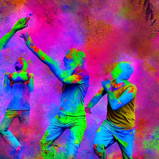 Prompt: humans playing holi, cosmos, digital art