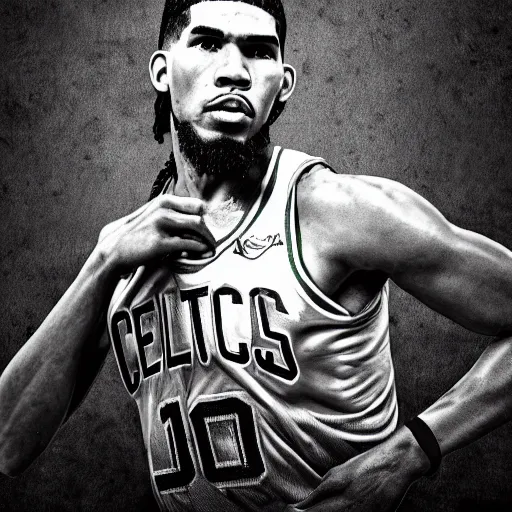 Image similar to Portrait of Boston Celtics Jayson Tatum, Jayson Tatum as Che Guevara, Jayson Tatum as Guerilla Heroica, Black and White, photograph by Alberto Korda, inspiring, dignifying, digital art, trending on artstation, octane render