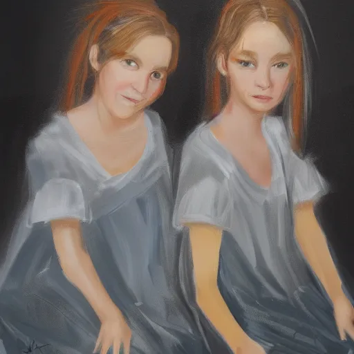 Image similar to a messy painting of twin sisters. Wendy and Susannah Melvin.Trending on ArtStation