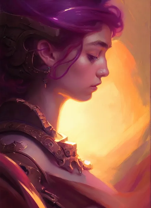 Prompt: side portrait, imogen poots, paladin, fantasy, gloomhaven, luminescent, organic painting, gaudy colors, by greg manchess, huang guangjian, gil elvgren, sachin teng, greg rutkowski, jesper ejsing, ilya kuvshinov