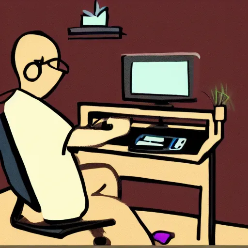 Prompt: man waiting in front of his computer for his friend to log in, digital art