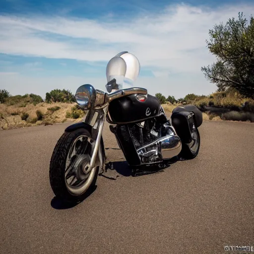 Prompt: a ball shaped motorcycle on route66 3d 8k photo