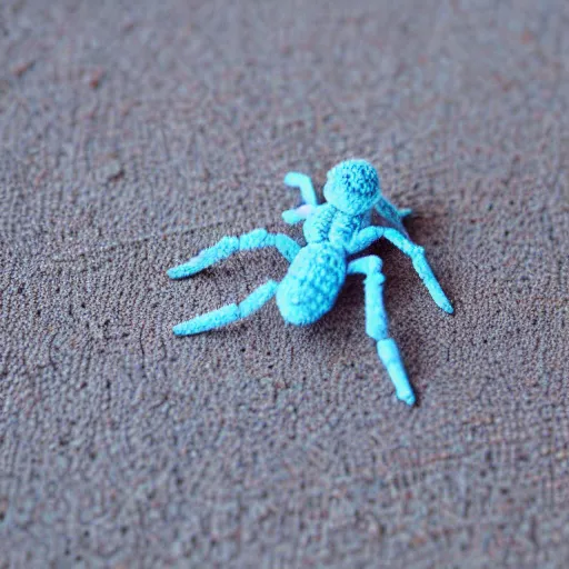 Prompt: cute fluffy light blue color spider crochet doll standing on sand, hyperrealistic photograph, highly detailed, tactile, 8k, close up, macro