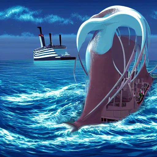 Image similar to A giant squid destroying a cruise ship in the middle of the ocean, digital art