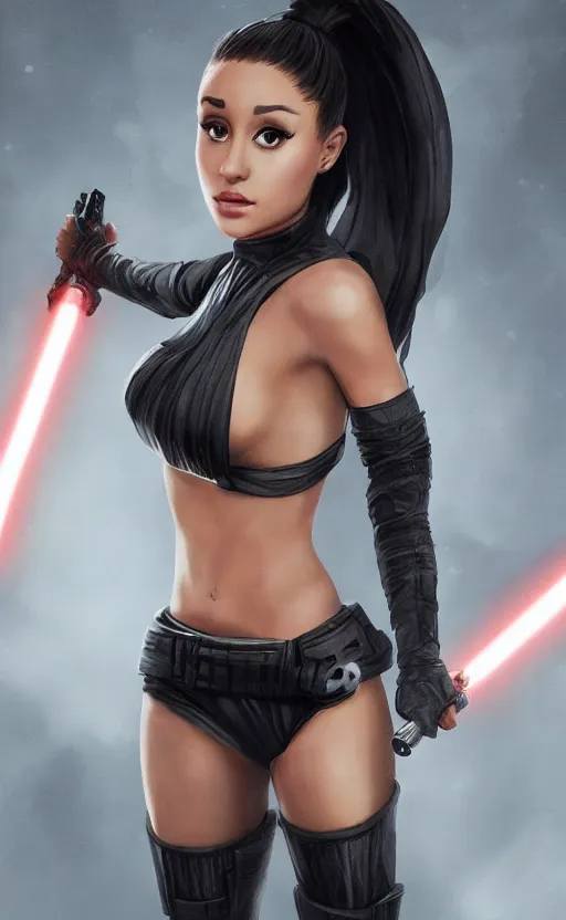 Image similar to Ariana Grande as an evil Sith lord trained by Darth Vader and preparing for a lightsaber duel Star Wars, artstation, Octane Render, 8K resolution, photo realism character art by Artgerm