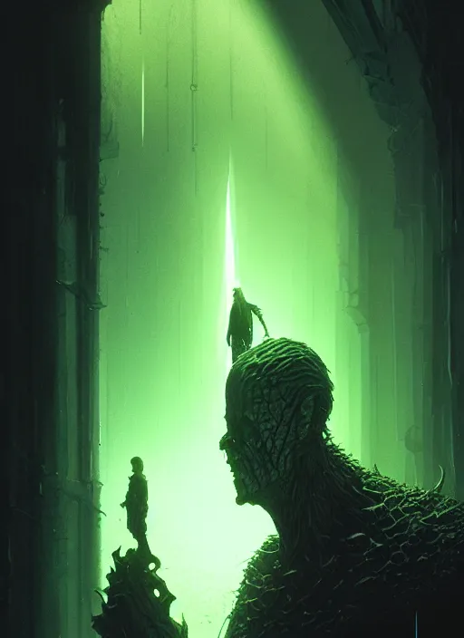 Image similar to wizard in the dark dungeon by denis villeneuve, wayne barlowe, simon birch, marc simonetti, philippe druillet, beeple, bright volumetric sunlight from small windows, rich moody colors, closeup, bokeh, noir