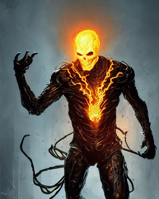 Image similar to ghost rider symbiote, dynamic lighting, fantasy concept art, trending on art station, stunning visuals, creative, cinematic, ultra detailed, comic strip style