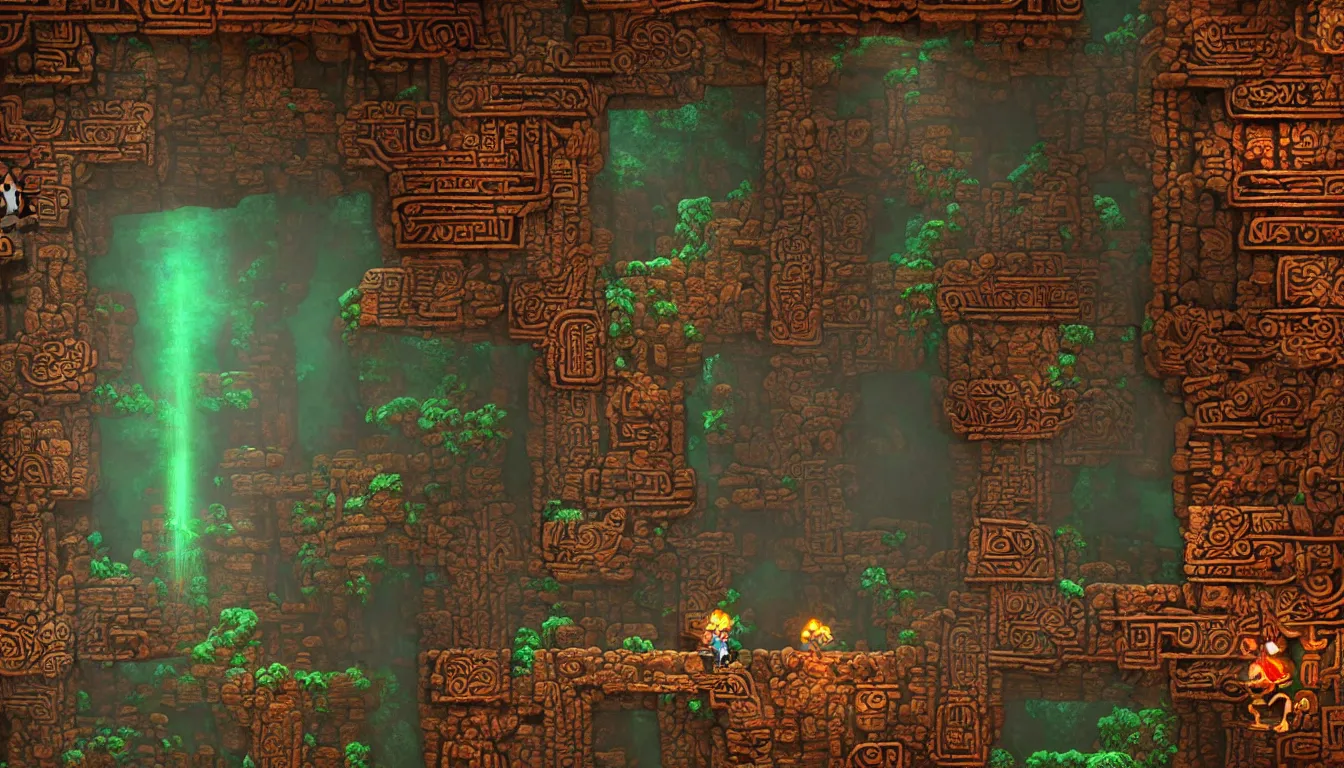 Prompt: majestic ancient mayan temple horizontal tunnel, side-scrolling 2d platformer game level, illuminated by torch lights, ruins with mayan glyphs, volumetric light , detailed carved ornaments, rich color, upscale , 8k