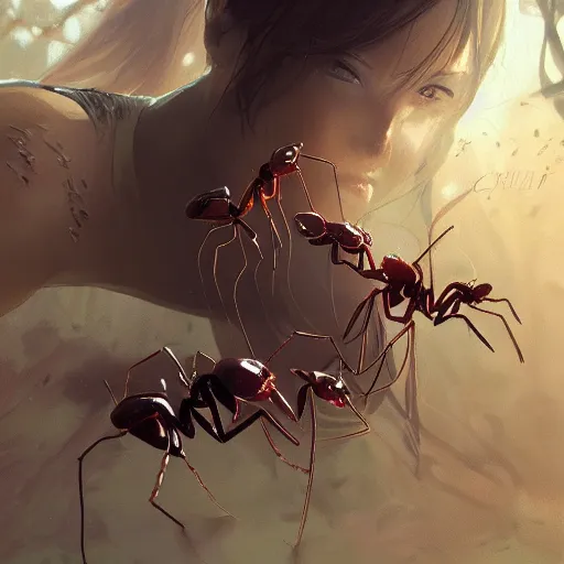 Image similar to ants carrying leaves, art by guweiz and greg rutkowski, matte, intricate, elegant, highly detailed, smooth, sharp focus, artstation,